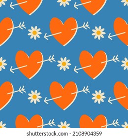 Hippie retro vintage Valentine's day seamless pattern in 70s-80s style. Flat vector illustration.