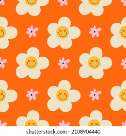 Hippie Retro Vintage Valentine's Day Seamless Pattern In 70s-80s Style. Flat Vector Illustration.