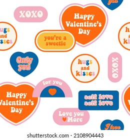 Hippie retro vintage Valentine's day seamless pattern in 70s-80s style. Flat vector illustration.