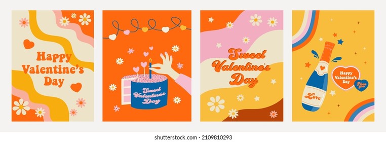 Hippie Retro Vintage Valentine's Day Cards In 70s-80s Style. Flat Vector Illustration.