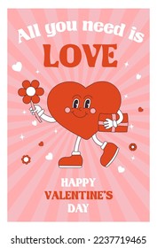 Hippie retro vintage Valentine's day card  in groovy 70s-80s style with heart. Hand drawn contour vector illustration.
