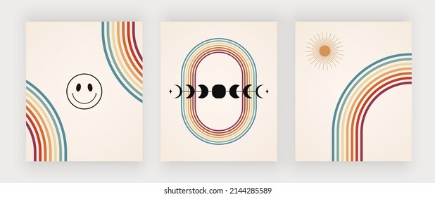 Hippie retro wall art prints with boho rainbow shapes