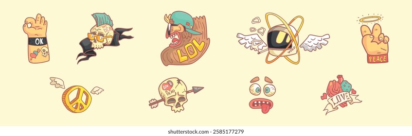 Hippie and Rock Sticker Element and Object Vector Set