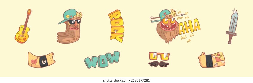 Hippie and Rock Sticker Element and Object Vector Set