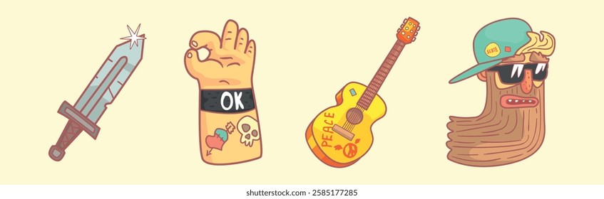 Hippie and Rock Sticker Element and Object Vector Set