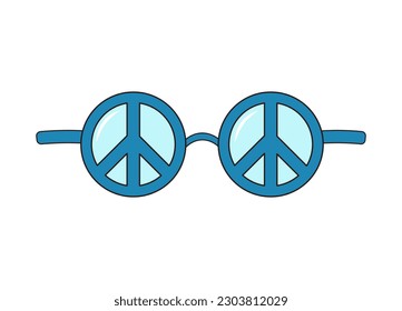 Hippie round sunglasses with peace sign. Groovy retro fashion style. Vector illustration isolated on white background. 