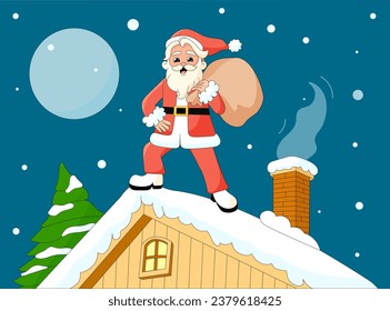 Hippie Santa Claus on the roof. Christmas night. Retro hipster grandfather. Vintage Merry Christmas. Holiday season greeting card. Vector Illustration 
