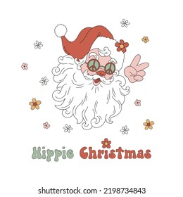 Hippie Santa Claus portrait in peace sign shades vector illustration isolated on white. Happy Christmas equivoque. Retro 60s 70s Floral Xmas Holiday festive season greeting postcard design.