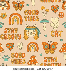 Hippie seamless background with cat. Trendy colorful vector doodle seamless background in 60s - 70s retro style. Psychedelic cartoon characters, mushrooms, peace, handwritten lettering 