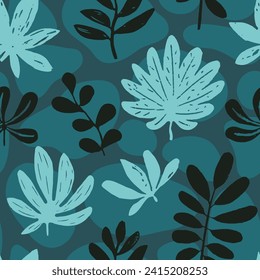 Hippie Seamless Classic Branch Decor Wallpaper. Black Endless Fashion Tropic Lines, Seamless Pattern. Blue Repetitive Nature Flora Shape Backdrop. 