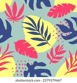 Hippie Seamless Color Spring Leaves Pattern. Yellow Seamless Elegant Beautiful Decor, Seamless Background. Pastel Continuous Doodle Natural Shape Backdrop. 