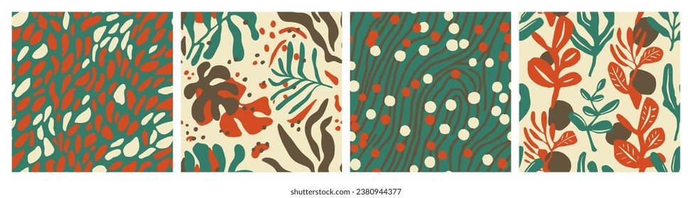 Hippie Seamless Contemporary Spring Artwork Set. Dark Continuous Color Foliage Paint, Seamless Pattern. Blue Repeated Elegant Jungle Fabrics Backdrop. 