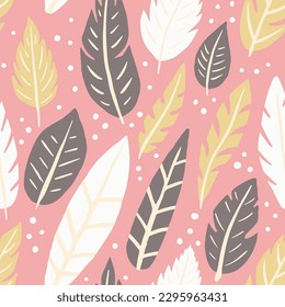 Hippie Seamless Fresh Feathers Leaves Wallpaper. Light Endless Trendy Quill Template, Seamless Pattern. Gradient Repeated Creative Plumage Shape Print. Feathers