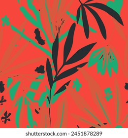 Hippie Seamless Nature Trendy Style Background. Dark Repetitive Abstract Foliage Textile, Seamless Backdrop. Pink Seamless Contemporary Decorative Quill Wallpaper. 