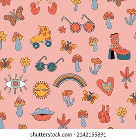 Hippie seamless Pattern in 60s-80s style. Psychedelic, comic groovy background.