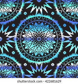 Hippie seamless pattern with abstract sun, star, arabesque, mandala. Multicolored background in black, blue tones. Creative design for home decor, fashion hipster textile, wrapping, wallpaper, cards.
