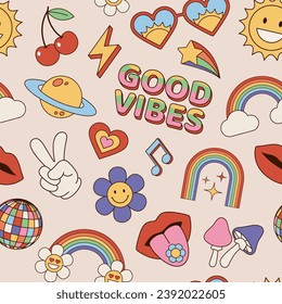 Hippie seamless pattern, background. Set of vintage, retro, hippie style icons, elements and objects. Vector illustrations.