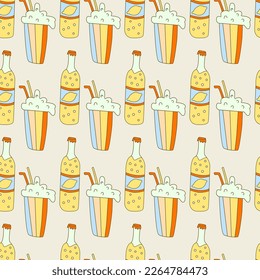 Hippie seamless pattern with cool with bottles of lemonade and drinks. Retro 70s vector illustration. Groovy cartoon style. 