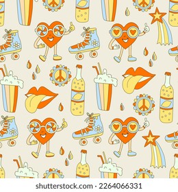 Hippie seamless pattern with cool elements lips, hearts,  rollers, bottles of lemonade and peace signs. Retro 70s vector illustration. Groovy cartoon style. 