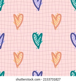 Hippie seamless pattern with grunge textured hearts on trippy grid background. Groovy print for fabric, paper, T-shirt. Doodle vector illustration for decor and design.
