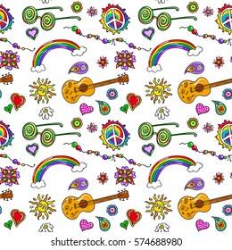 Hippie seamless pattern. Hand drawn symbols of hippy
