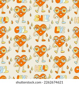 Hippie seamless pattern with hearts characters with cool glasses and letterings. Retro 70s vector illustration. Groovy cartoon style. Great for Valentines day.