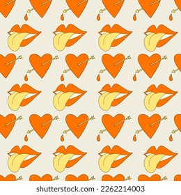 Hippie seamless pattern with hearts pierced by arrows,  lips and tongue. Retro 70s vector illustration. Groovy cartoon style. 