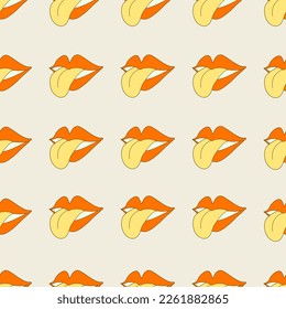 Hippie seamless pattern with lips and tongue. Retro 70s vector illustration. Groovy cartoon style. 