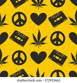 Hippie seamless pattern with marijuana leaves,  cassette records, heart, peace symbol on yellow background. Wrapping paper. Vector illustration