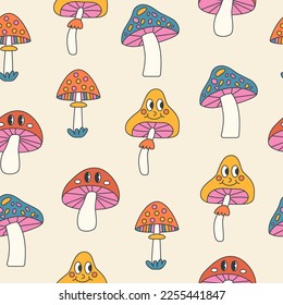 Hippie seamless pattern with mashrooms for design and print. 70s, 80s, 90s elements.