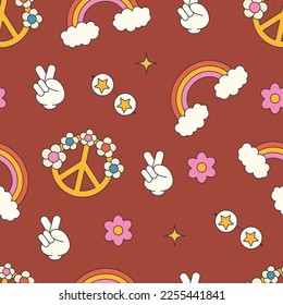 Hippie seamless pattern with peace sign, glasses and rainbow for design and print. 70s, 80s, 90s elements.