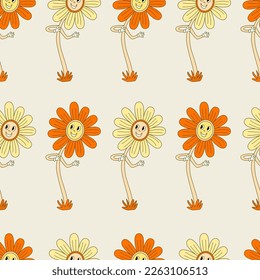 Hippie seamless pattern with smiling yellow and orange daisy flowers. Retro 70s vector illustration. Groovy cartoon style. 