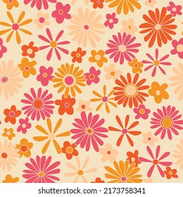 Hippie seamless vector pattern. Nostalgic retro 70s groovy print. Vintage floral background. Textile and surface design with old fashioned hand drawn naive geometric flowers