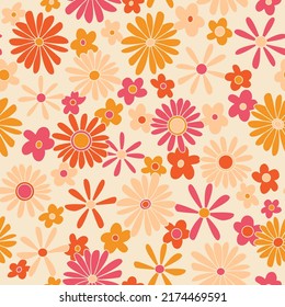 Hippie seamless vector pattern. Nostalgic retro 70s groovy print. Vintage floral background. Textile and surface design with old fashioned hand drawn naive geometric flowers