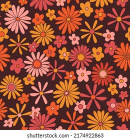 Hippie seamless vector pattern. Nostalgic retro 70s groovy print. Vintage floral background. Textile and surface design with old fashioned hand drawn naive geometric flowers