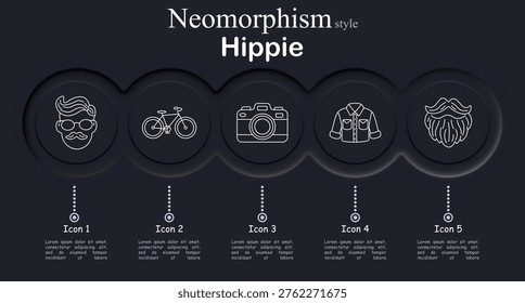 Hippie set icon. Neomorphic circular interface line icons with man hairstyle sunglasses moustache portrait, bicycle outline, vintage camera body, casual shirt clothing