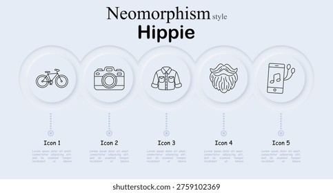 Hippie set icon. Neomorphism style interface with bicycle, retro camera, button shirt, long beard face, smartphone with music note earphones. Soft round buttons, thin outline symbols.