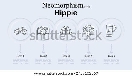 Hippie set icon. Neomorphism style interface with bicycle, retro camera, button shirt, long beard face, smartphone with music note earphones. Soft round buttons, thin outline symbols.