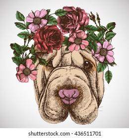 Hippie sharpei in the roses wreath. Chic dog portrait. Fashion vector illustration for your blog, logo and other design.