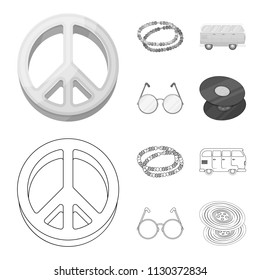 A hippie sign, beads, a bus, round glasses.Hippy set collection icons in outline,monochrome style vector symbol stock illustration web.