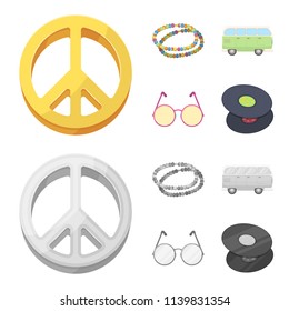 A hippie sign, beads, a bus, round glasses.Hippy set collection icons in cartoon,monochrome style vector symbol stock illustration web.