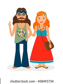 Hippie Sixties Girl And Man Of Flower Power. Vector Illustration