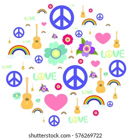 Hippie sixties and seventies things pacifics guitars flowers rainbows hearts vector illustration