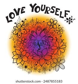 Hippie slogan card with love yourself text and doodle ink flowers , print, card