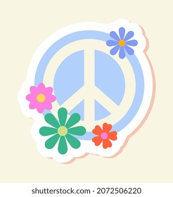 Concepto de sticker hippie. Signo hipster colorido con flores brillantes. Grupo informal de la sociedad. Elemento de diseño para redes sociales, aplicaciones y sitios web. Ilustración vectorial plana moderna de dibujos animados