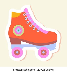 Hippie sticker concept. Colorful icon with roller skate. Hipster red shoe on wheels for riding. Design element for social networks, applications and websites. Cartoon modern flat vector illustration