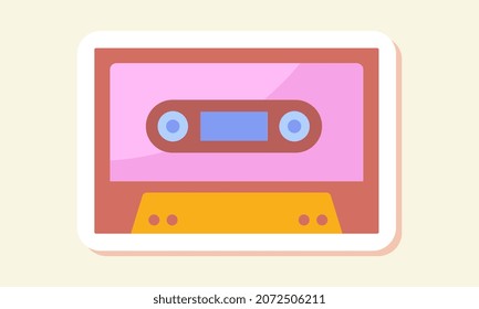 Hippie sticker concept. Colorful icon with cassette. Object for playing music on tape recorder. Design element for social networks, applications and websites. Cartoon modern flat vector illustration