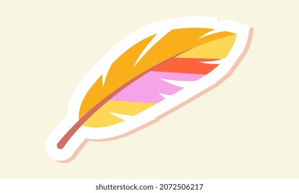 Hippie sticker concept. Colorful icon with bright bird feather. Multicolored Phoenix Wings. Design element for social networks, applications and websites. Cartoon modern flat vector illustration