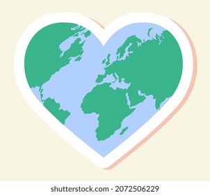 Hippie sticker concept. Colorful icon with planet Earth in shape of Heart. Design element for websites, applications and printing on paper. Caring for nature. Cartoon flat vector illustration