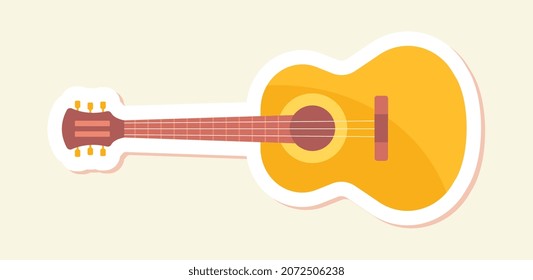 Hippie sticker concept. Colorful icon with musical instrument. Guitar with three strings. Design element for websites, social networks and printing on paper. Cartoon modern flat vector illustration
